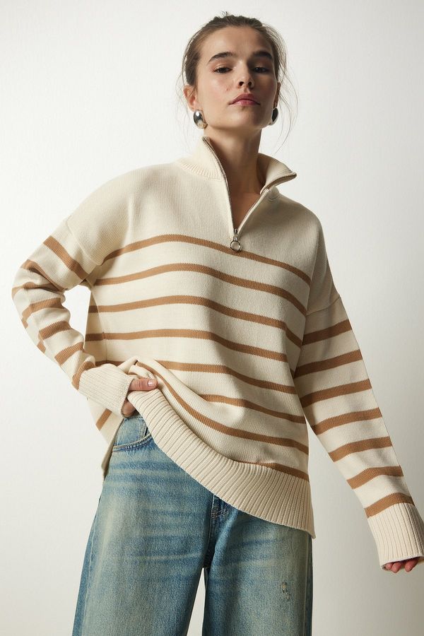 Happiness İstanbul Happiness İstanbul Women's Cream Biscuit Zippered Collar Striped Knitwear Sweater