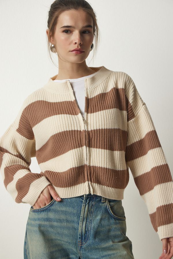Happiness İstanbul Happiness İstanbul Women's Cream Biscuit Zippered Striped Knitwear Cardigan