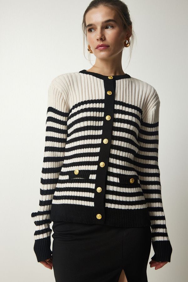 Happiness İstanbul Happiness İstanbul Women's Cream Black Metal Button Detailed Striped Knitwear Cardigan