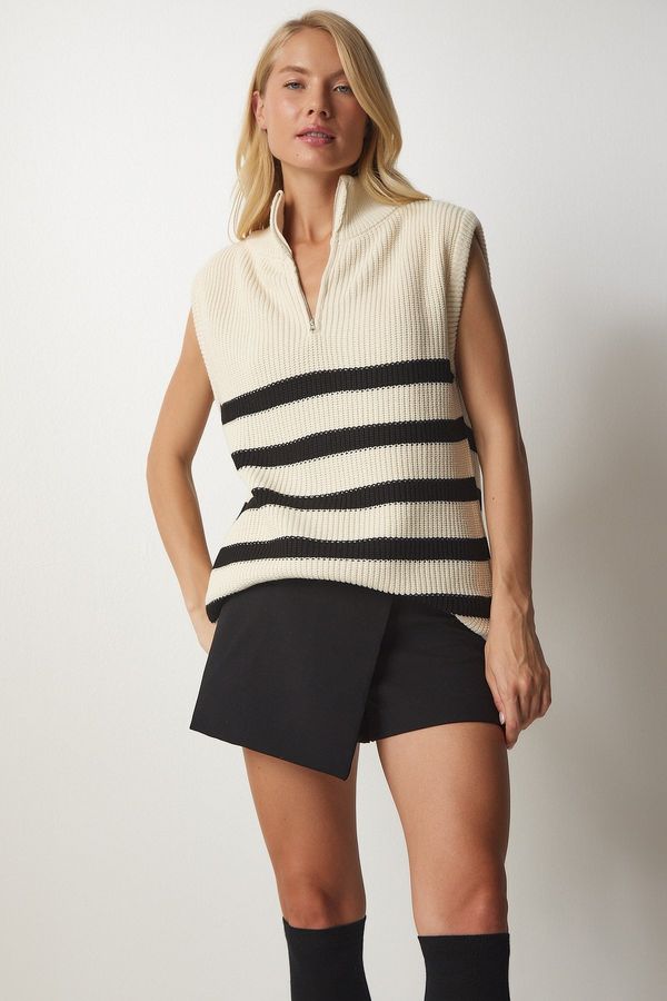 Happiness İstanbul Happiness İstanbul Women's Cream Black Zippered Collar Striped Sweater