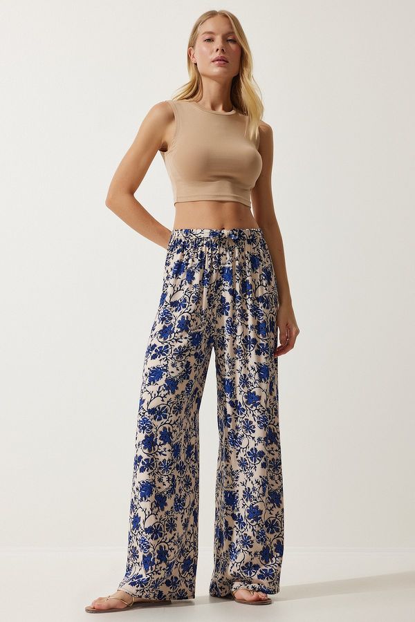 Happiness İstanbul Happiness İstanbul Women's Cream Blue Patterned Flowy Viscose Palazzo Trousers