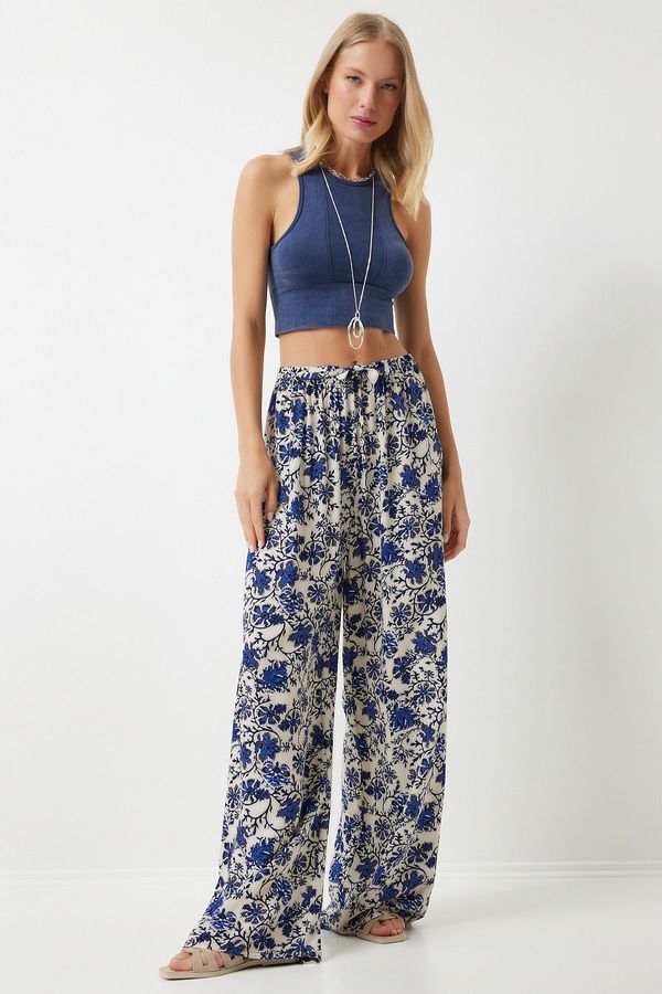 Happiness İstanbul Happiness İstanbul Women's Cream Blue Patterned Flowy Viscose Palazzo Trousers