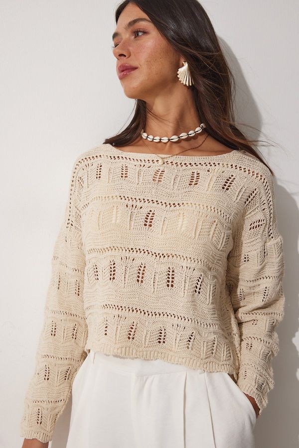 Happiness İstanbul Happiness İstanbul Women's Cream Boat Neck Openwork Summer Knitwear Blouse