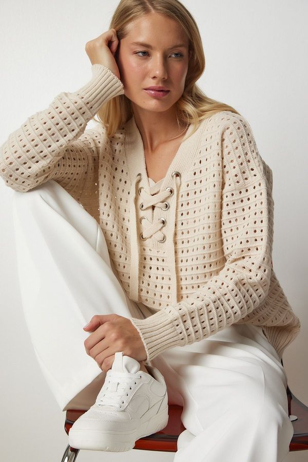 Happiness İstanbul Happiness İstanbul Women's Cream Collar Laced Openwork Knitwear Sweater