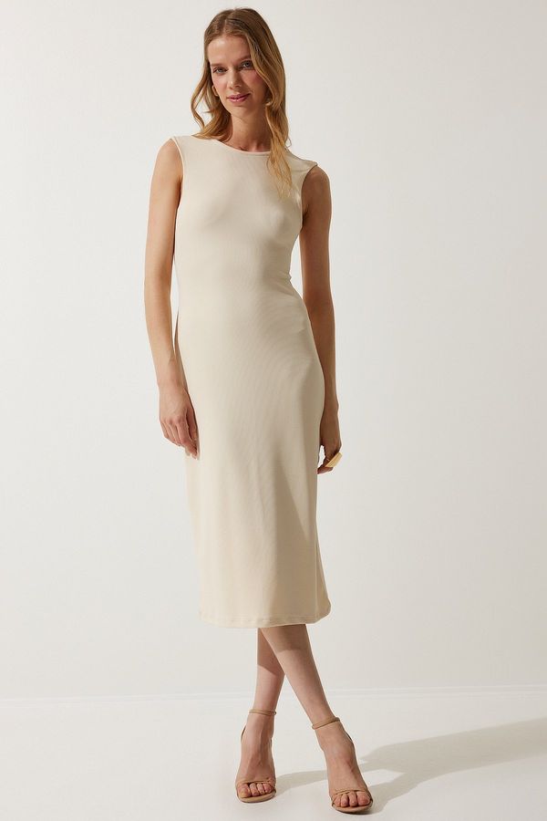Happiness İstanbul Happiness İstanbul Women's Cream Decollete Ribbed Knitted Dress