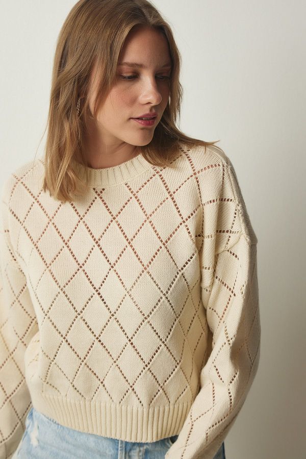 Happiness İstanbul Happiness İstanbul Women's Cream Diamond Patterned Openwork Knitwear Sweater