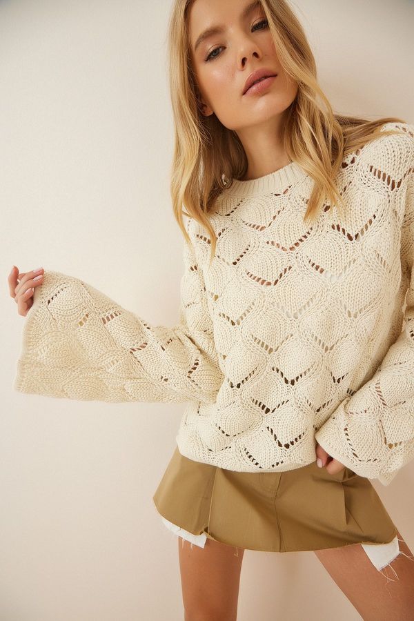 Happiness İstanbul Happiness İstanbul Women's Cream Diamond Patterned Openwork Knitwear Sweater