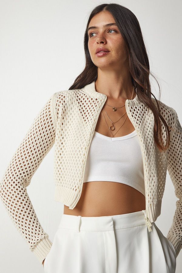 Happiness İstanbul Happiness İstanbul Women's Cream Double Closure Zippered Openwork Knitwear Cardigan