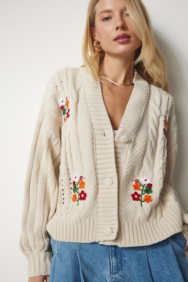 Happiness İstanbul Happiness İstanbul Women's Cream Embroidered Knit Patterned Knitwear Cardigan