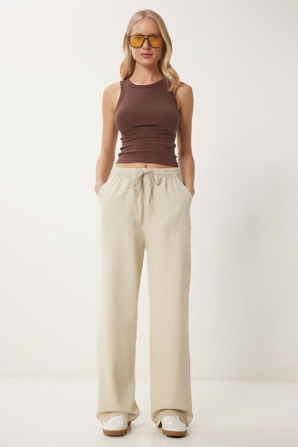 Happiness İstanbul Happiness İstanbul Women's Cream Faded Effect Wide Leg Denim Palazzo Trousers