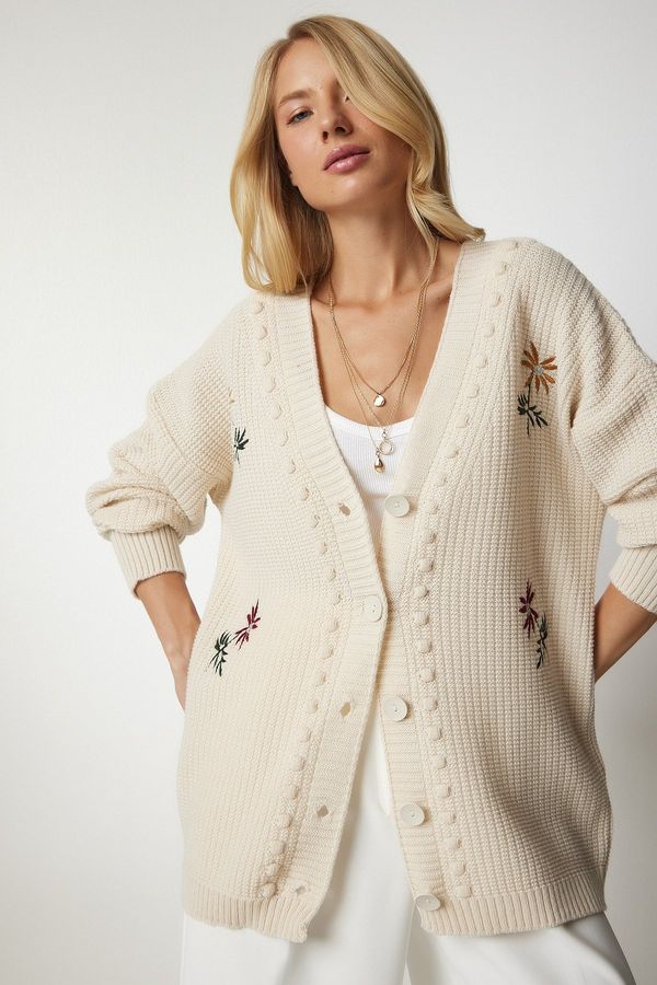 Happiness İstanbul Happiness İstanbul Women's Cream Floral Embroidered Textured Knitwear Cardigan