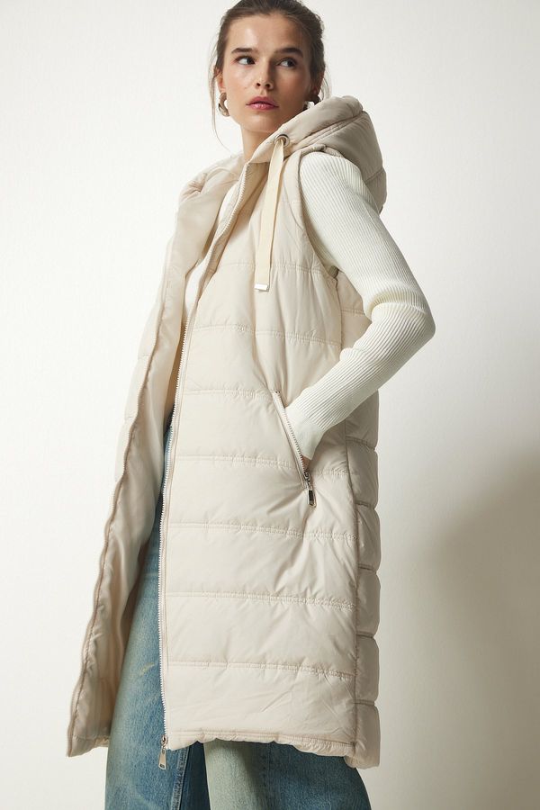 Happiness İstanbul Happiness İstanbul Women's Cream Hooded Sleeveless Long Puffer Vest