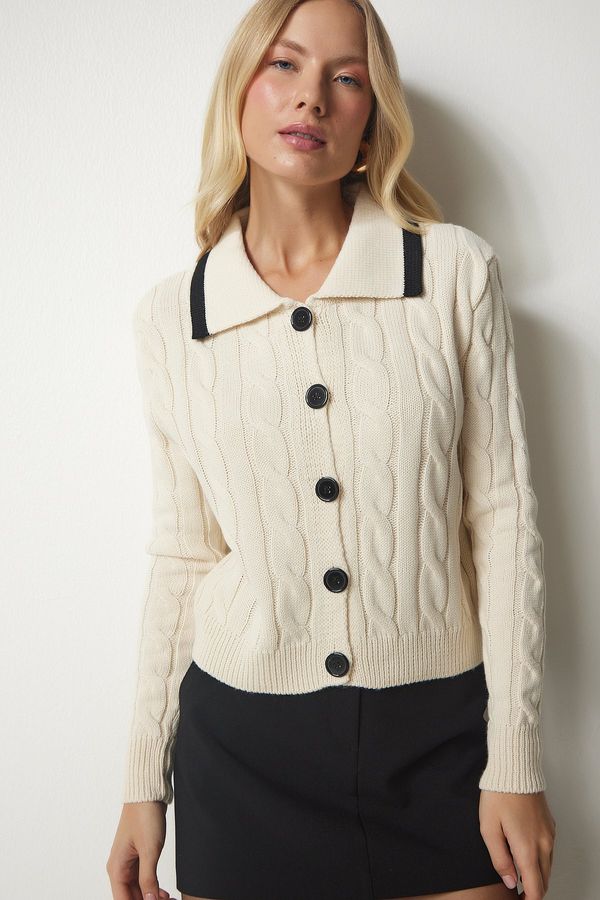 Happiness İstanbul Happiness İstanbul Women's Cream Knit Patterned Knitwear Cardigan with One Button