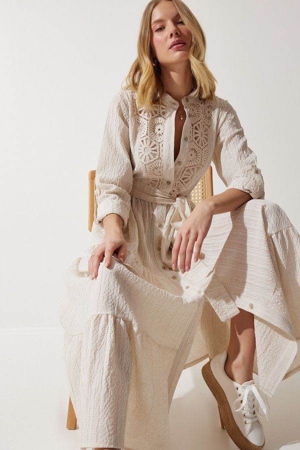 Happiness İstanbul Happiness İstanbul Women's Cream Laced Flounce Long Linen Shirt Dress