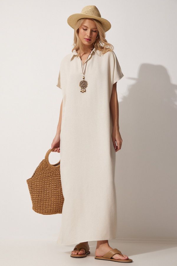 Happiness İstanbul Happiness İstanbul Women's Cream Long Summer Linen Dress with a Necklace