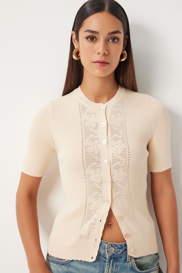 Happiness İstanbul Happiness İstanbul Women's Cream Openwork Seasonal Knitwear Cardigan