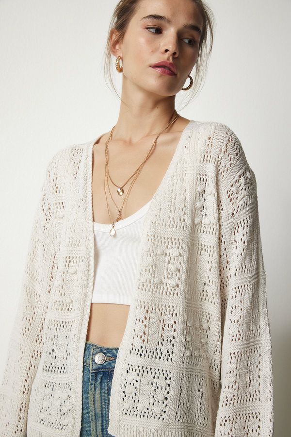Happiness İstanbul Happiness İstanbul Women's Cream Openwork Textured Knitwear Cardigan