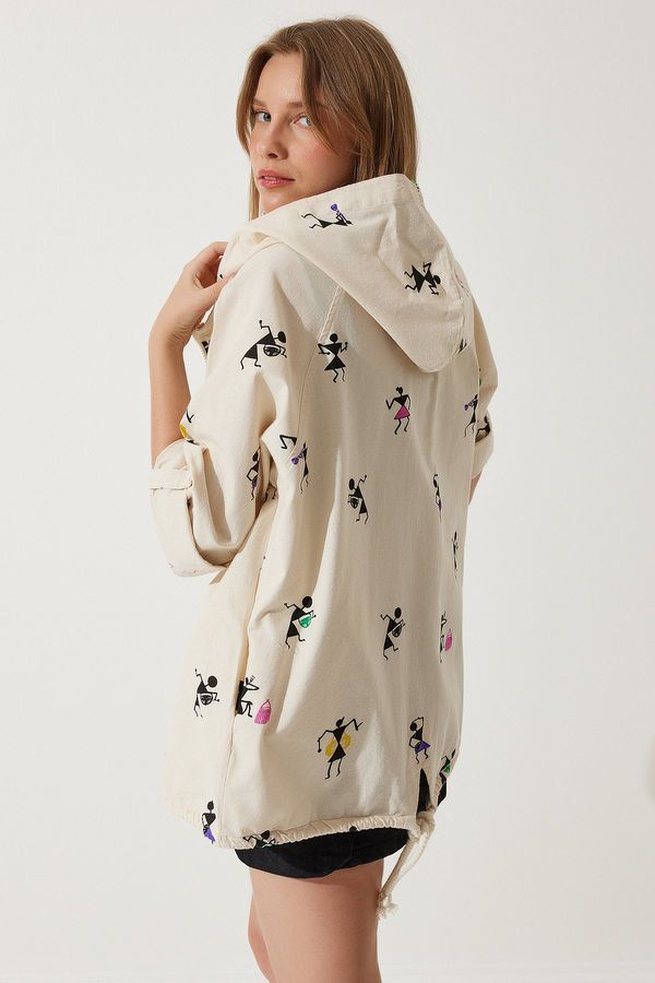 Happiness İstanbul Happiness İstanbul Women's Cream Pink Printed Hooded Raw Linen Jacket