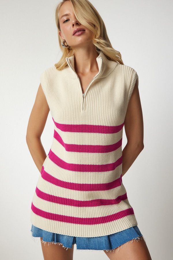 Happiness İstanbul Happiness İstanbul Women's Cream Pink Zippered Collar Striped Sweater