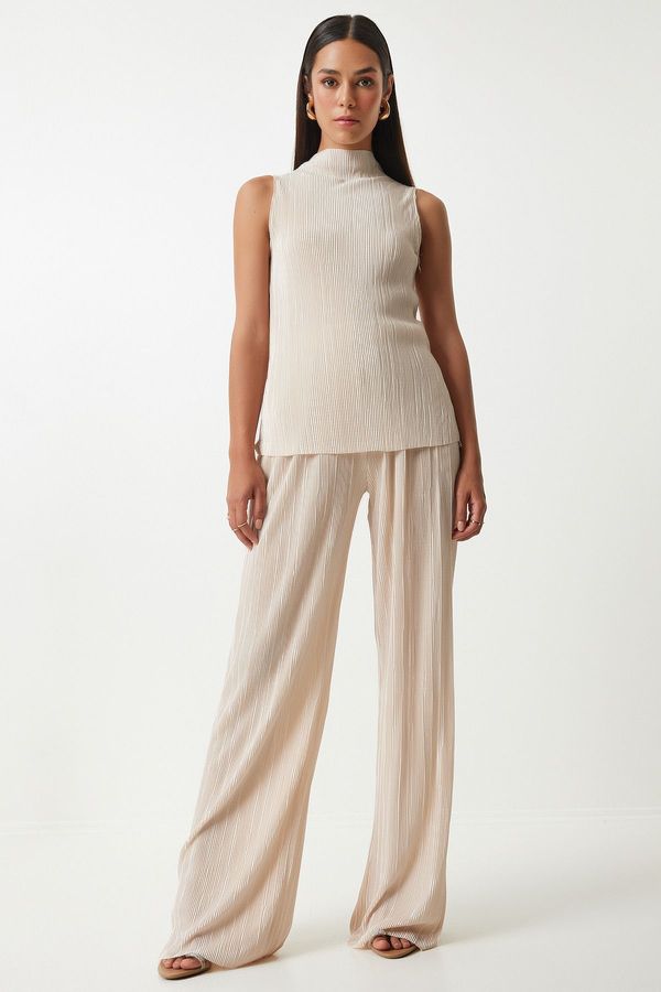 Happiness İstanbul Happiness İstanbul Women's Cream Pleated Sleeveless Knitted Blouse Palazzo Trousers Set