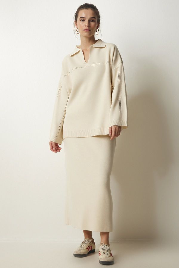 Happiness İstanbul Happiness İstanbul Women's Cream Polo Neck Elegant Knitwear Sweater Skirt Suit