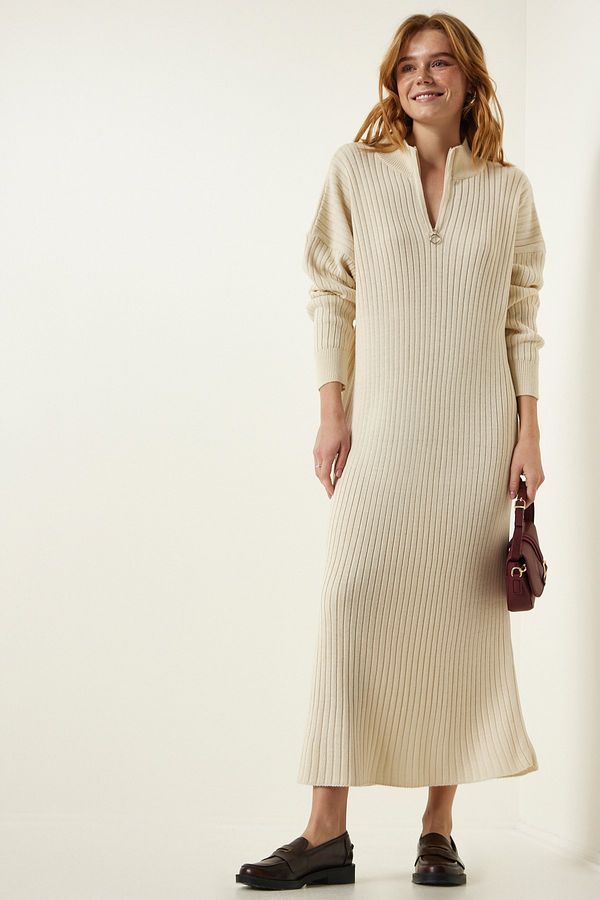 Happiness İstanbul Happiness İstanbul Women's Cream Ribbed Oversize Knitwear Dress