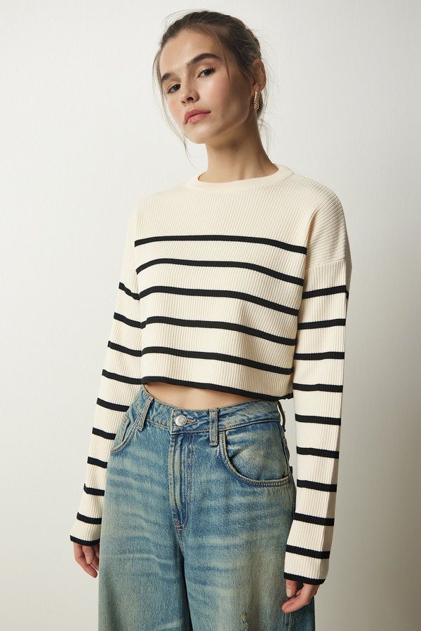 Happiness İstanbul Happiness İstanbul Women's Cream Ribbed Striped Crop Knitwear Sweater