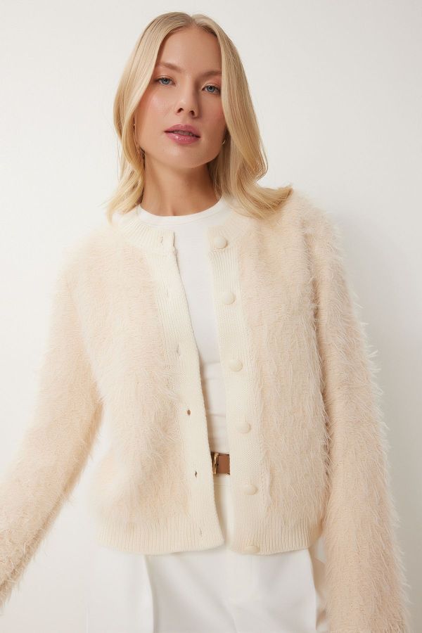 Happiness İstanbul Happiness İstanbul Women's Cream Soft Bearded Knitwear Cardigan