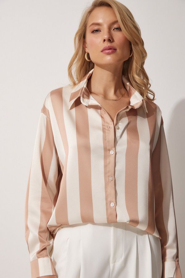 Happiness İstanbul Happiness İstanbul Women's Cream Striped Satin Shirt