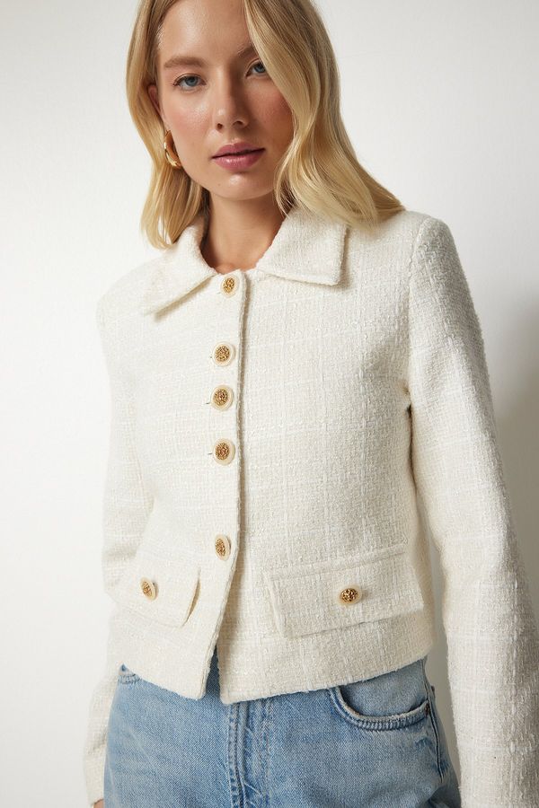 Happiness İstanbul Happiness İstanbul Women's Cream Stylish Button Detailed Tweed Crop Jacket