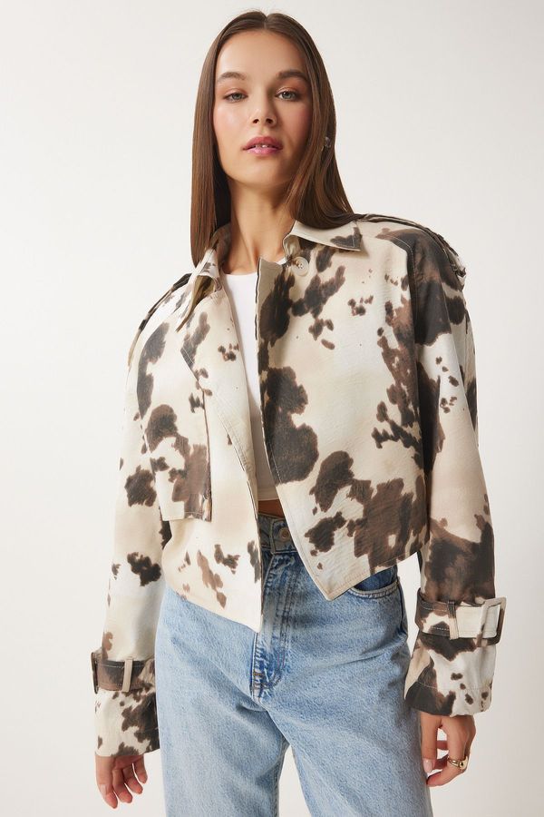 Happiness İstanbul Happiness İstanbul Women's Cream Thai Patterned Epaulette Short Trench Coat