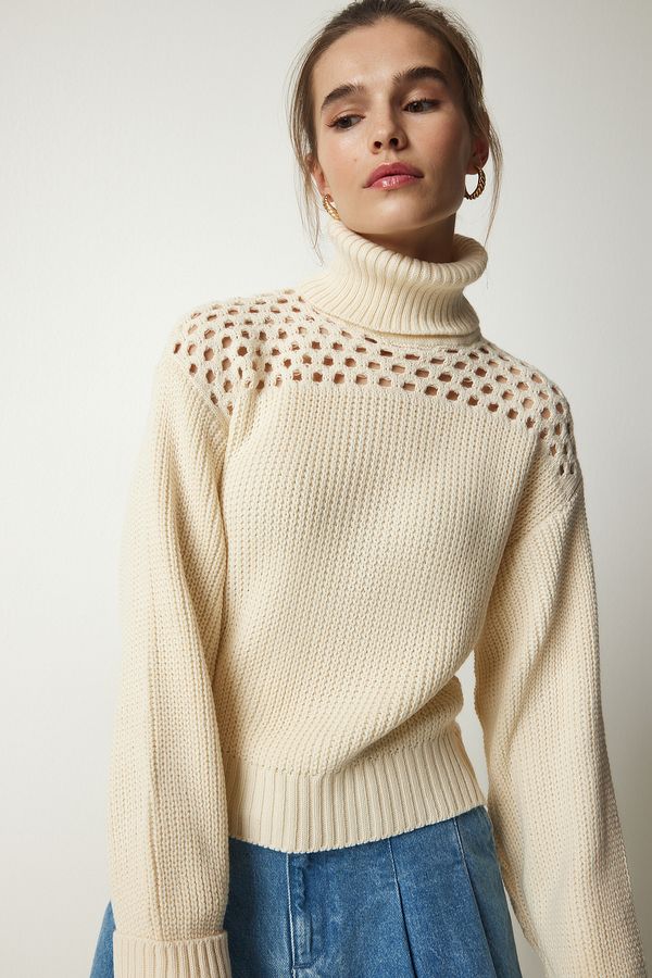 Happiness İstanbul Happiness İstanbul Women's Cream Turtleneck Openwork Knitwear Sweater