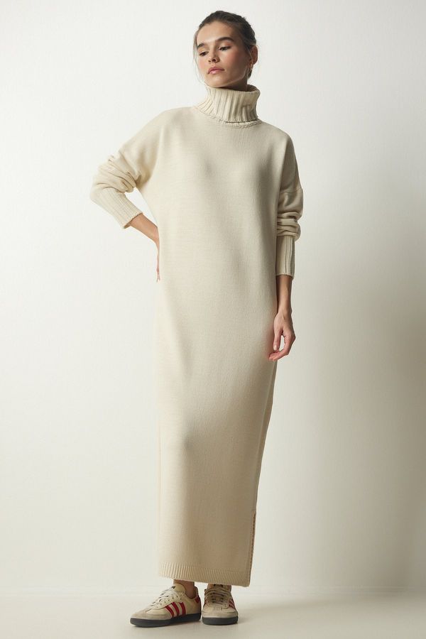 Happiness İstanbul Happiness İstanbul Women's Cream Turtleneck Slit Oversize Knitwear Dress