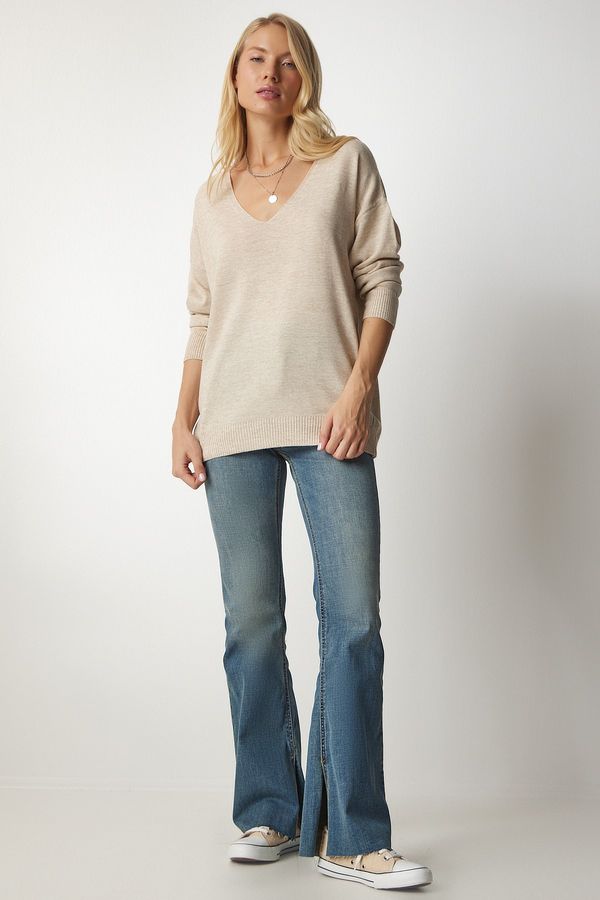 Happiness İstanbul Happiness İstanbul Women's Cream V-Neck Fine Knitwear Sweater