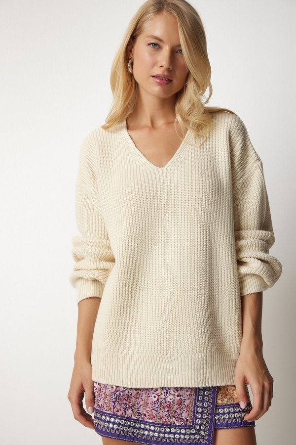 Happiness İstanbul Happiness İstanbul Women's Cream V-Neck Oversize Basic Knitwear Sweater