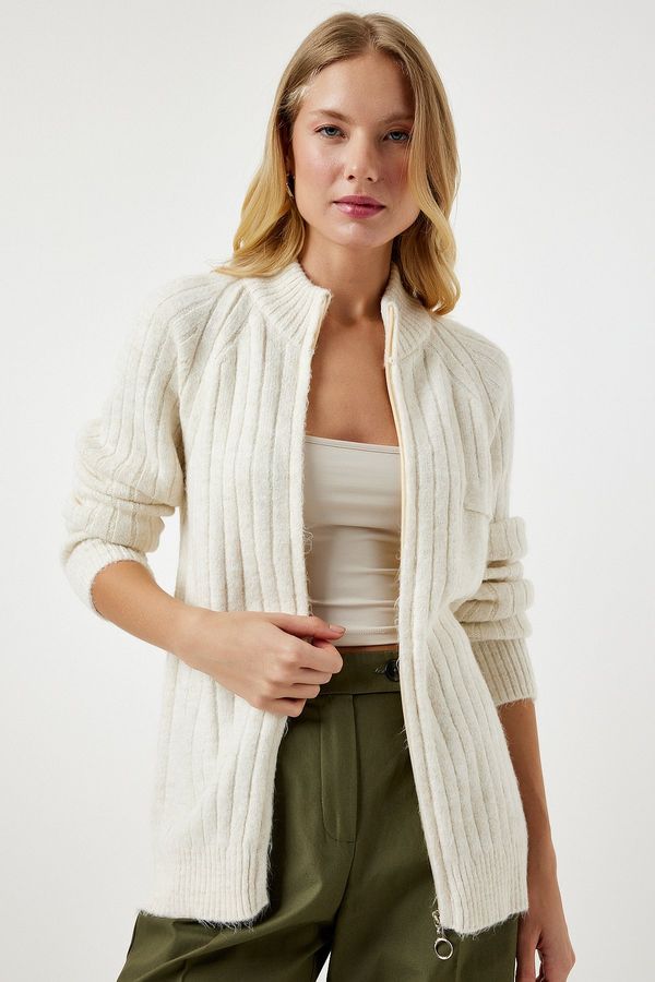 Happiness İstanbul Happiness İstanbul Women's Cream Zippered Knitwear Cardigan