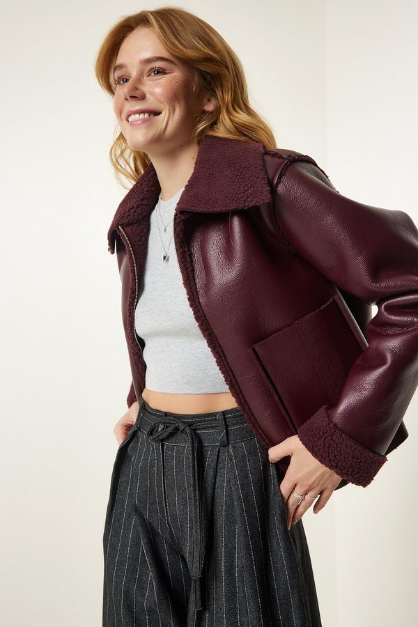 Happiness İstanbul Happiness İstanbul Women's Damson Fur Collar Wide Pocket Faux Leather Jacket