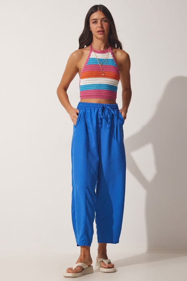 Happiness İstanbul Happiness İstanbul Women's Dark Blue Linen Baggy Trousers