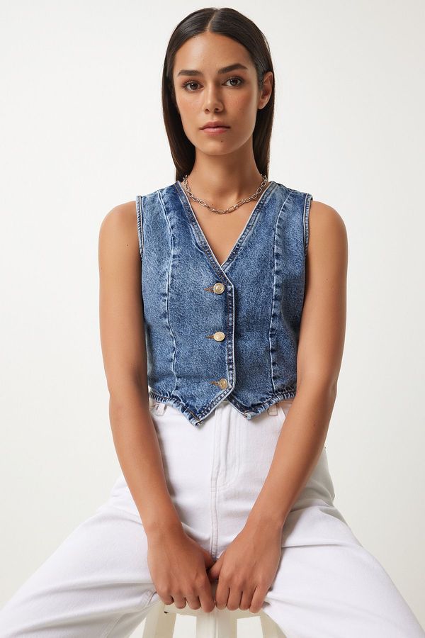 Happiness İstanbul Happiness İstanbul Women's Dark Blue V-Neck Crop Denim Vest