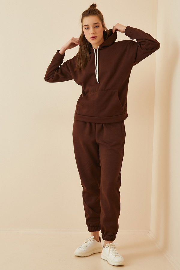 Happiness İstanbul Happiness İstanbul Women's Dark Brown Hooded Fleece Tracksuit Set