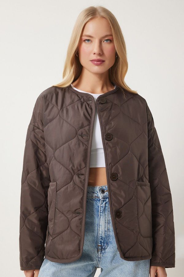 Happiness İstanbul Happiness İstanbul Women's Dark Brown Large Pocket Quilted Jacket