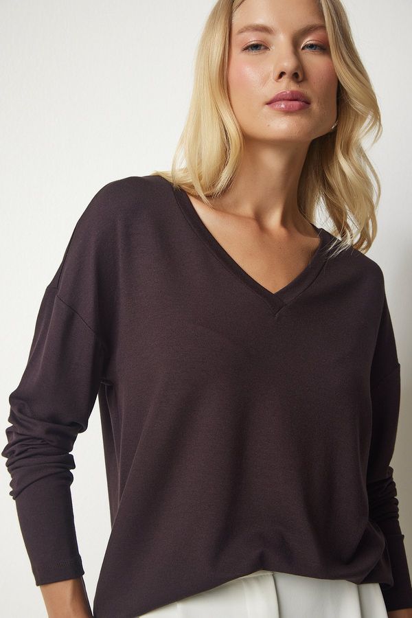 Happiness İstanbul Happiness İstanbul Women's Dark Brown V Neck Knitwear Blouse