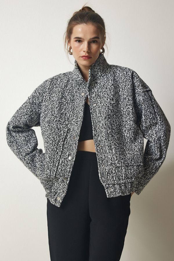 Happiness İstanbul Happiness İstanbul Women's Dark Gray Snap-On Oversize Boucle Jacket
