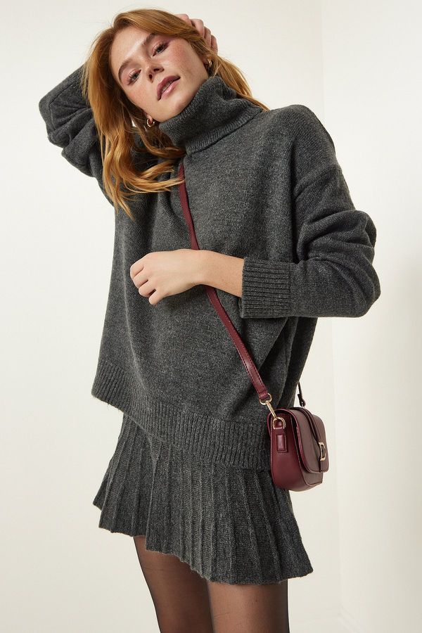 Happiness İstanbul Happiness İstanbul Women's Dark Gray Turtleneck Sweater Skirt Knitwear Suit