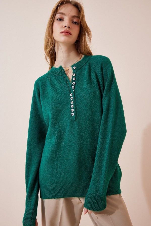 Happiness İstanbul Happiness İstanbul Women's Dark Green Buttoned Collar Knitwear Sweater