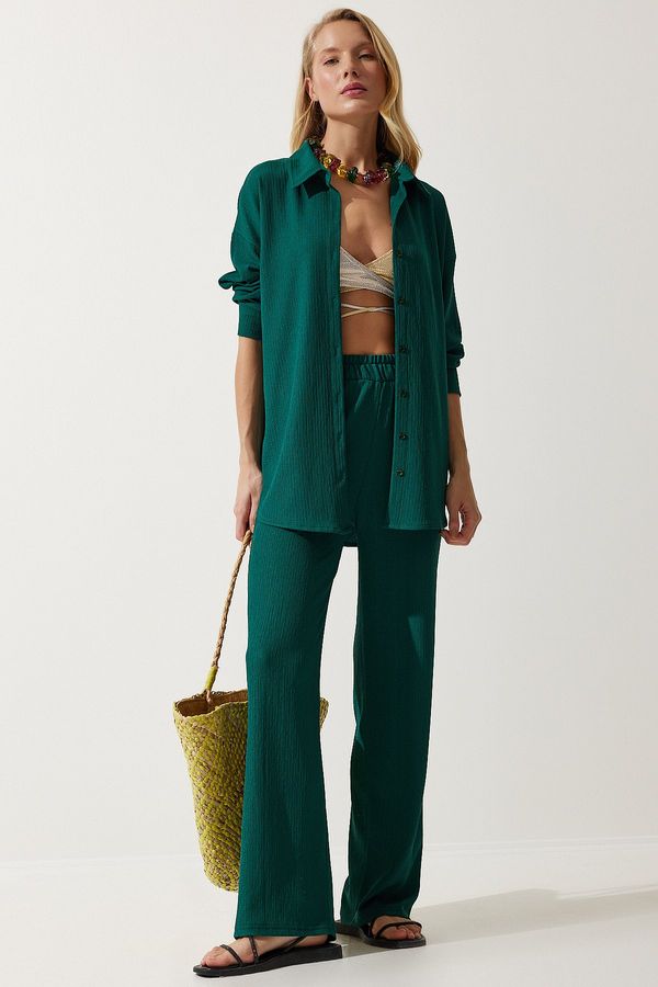 Happiness İstanbul Happiness İstanbul Women's Dark Green Casual Knitted Shirt Pants Suit