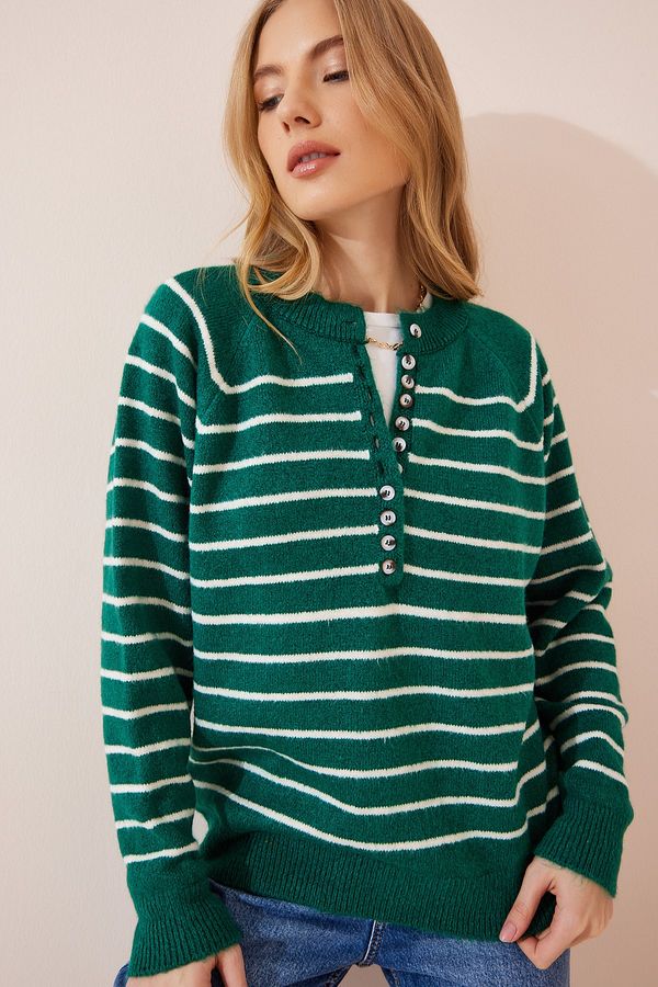 Happiness İstanbul Happiness İstanbul Women's Dark Green Ecru Buttoned Collar Knitwear Sweater