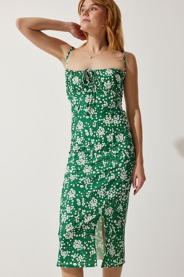 Happiness İstanbul Happiness İstanbul Women's Dark Green Floral Slit Summer Knitted Dress