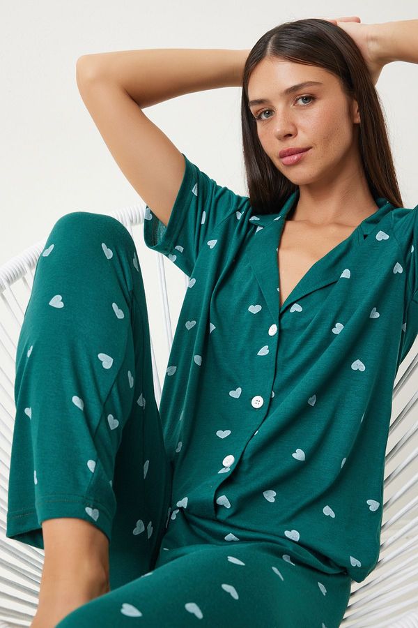 Happiness İstanbul Happiness İstanbul Women's Dark Green Heart-shaped Shirt Trousers Pajama Set