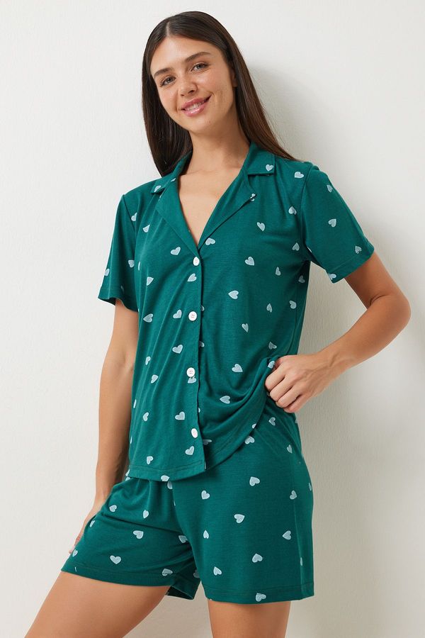 Happiness İstanbul Happiness İstanbul Women's Dark Green Heart Viscose Shorts Shirt Pajama Set